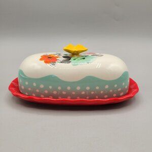 Pioneer Woman Butter Dish Floral Ceramic Butterfly Top Lid and Red Tray